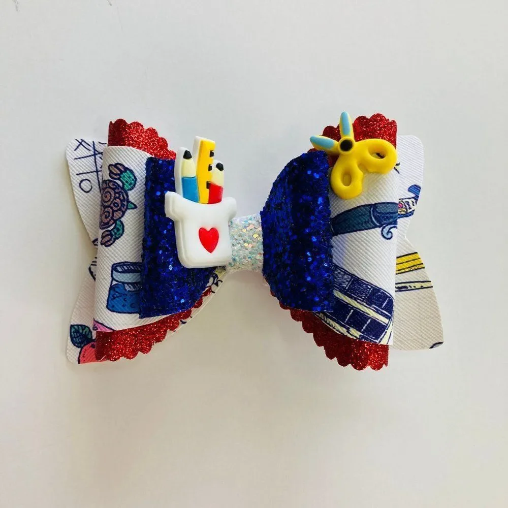 BACK to SCHOOL Hair Bow Clips for Girls Handmade NEW